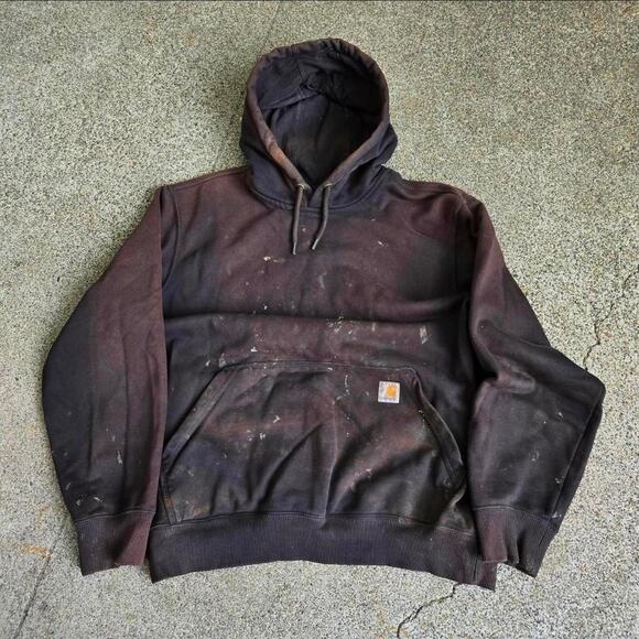 Vtg Y2k CARHARTT Box Logo Patch Earthtone Sunfaded Workwear Hooded Sweatshirt Lg - Picture 1 of 7